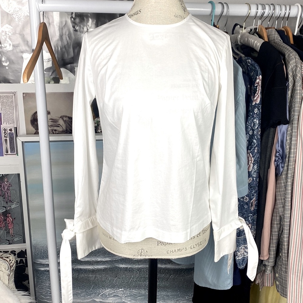 Banana Republic Tie Long Sleeve Round Neck White Shirt Size XS